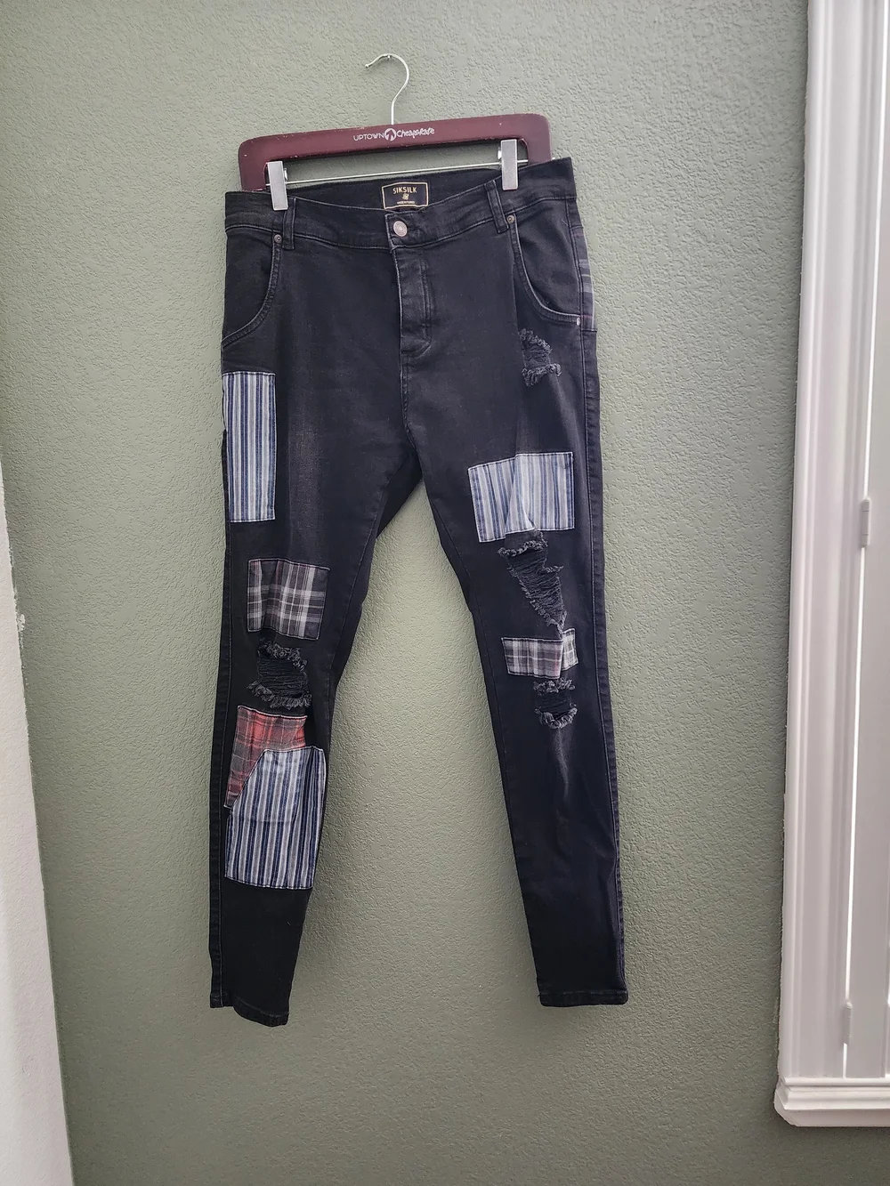 SIKSILK Men’s Distressed Patchwork Skinny Jeans – Size 31